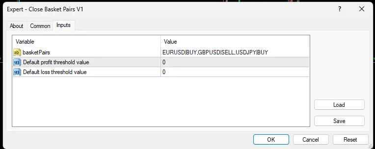 Captura de pantalla del script Close Basket Pairs v1