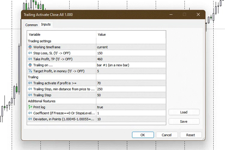 메타트레이더 5를 위한 트레일링 활성화 및 모든 포지션 종료 EA