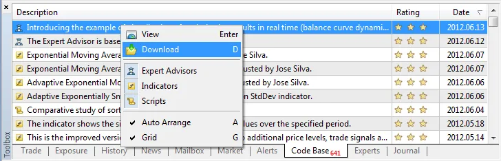 Fig. 1. MetaTrader 5 터미널을 통해 CodeBase 프로그램 다운로드