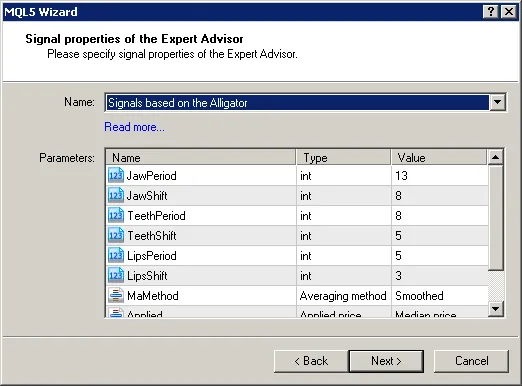 Figure 2. Sélectionnez les signaux basés sur l'Alligator dans MQL5 Wizard