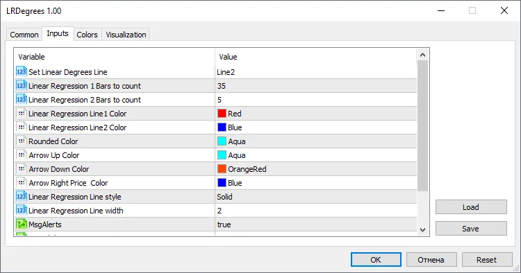 LRDegrees MT5: Impostazioni