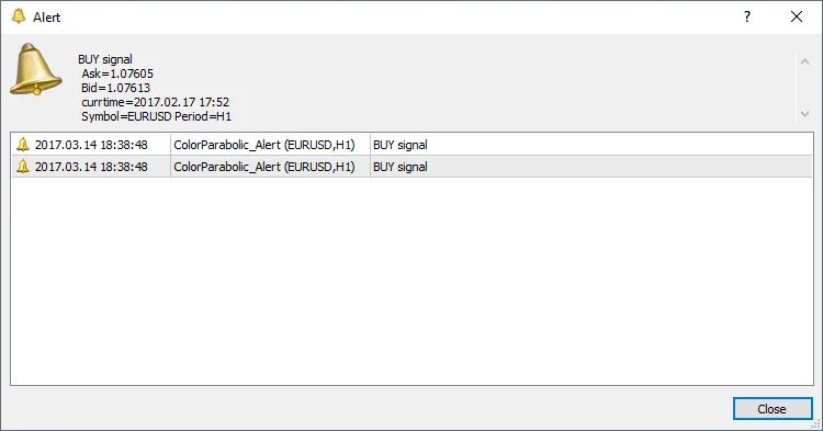 Fig.2. L'indicatore ColorParabolic_Alert. Generazione di avvisi.